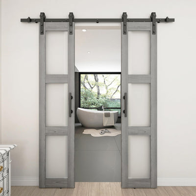 BARNSMITH 18in x 84in Double Glass Barn Door with 6.6FT Sliding Door Hardware Kit Included & Handle,3-Panel Frosted Glass Solid Wood Slab with Water-Proof PVC Surface,Pre-Drilled Easy Assembly,Grey
