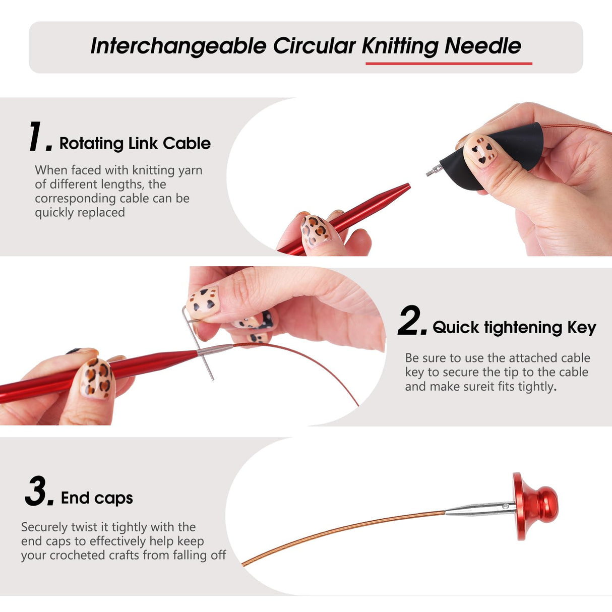 Interchangeable Circular Knitting Needles Set Sizes US 2.5, 3, 4, 5, 6, 7, 8, 9, 10, 10.75, 11, 13, 15 with Cables, Accessories and Case (Rose Red) GUCLUD