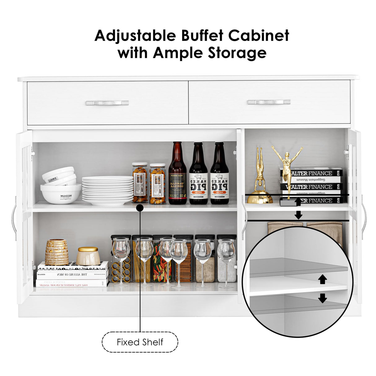 FOTOSOK Sideboard Buffet Cabinet with Glass Doors, Buffet Sideboard Kitchen Sideboard Cabinet Buffet Table with 2 Storage Drawers & Shelves for Dining Living Room, White FOTOSOK