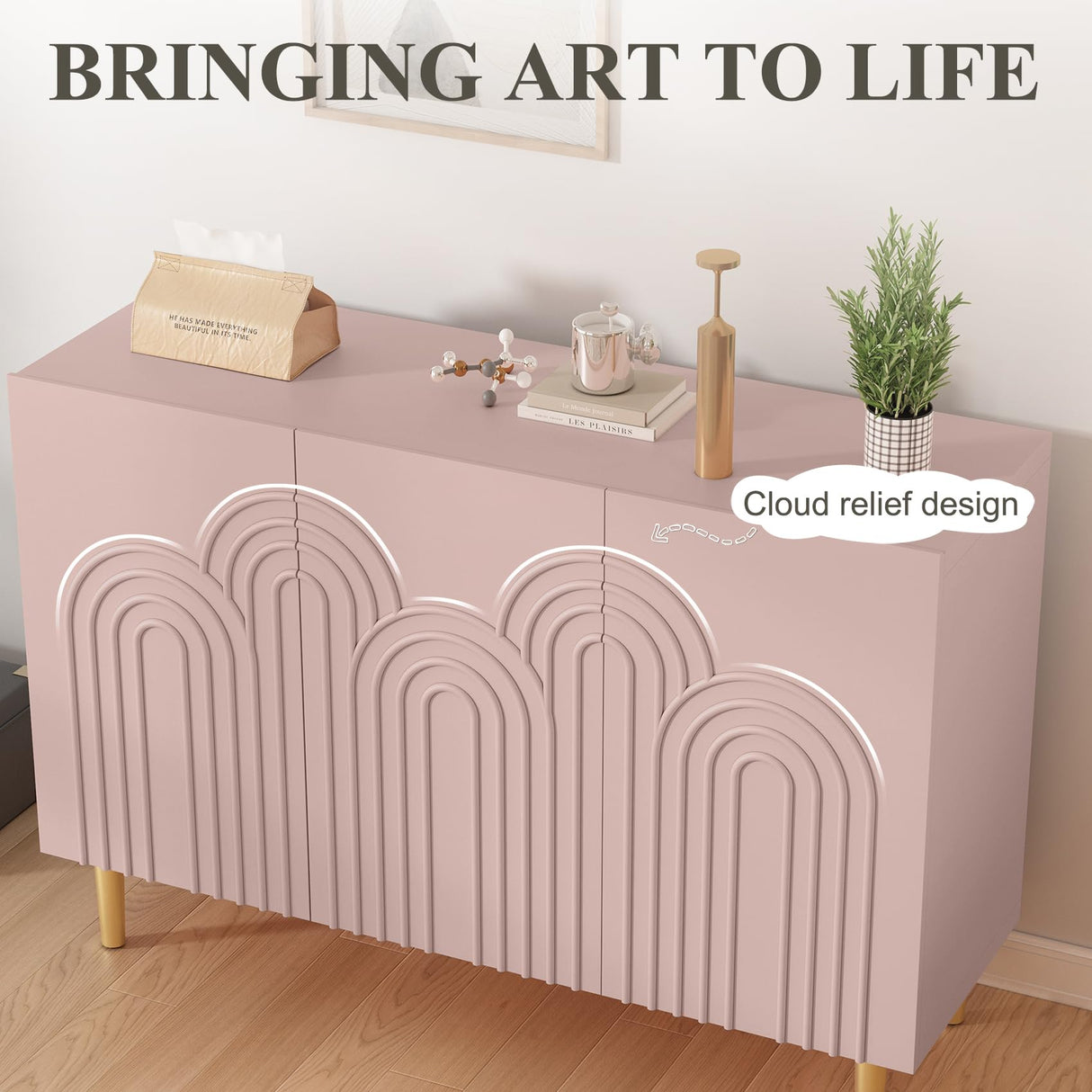ARTPOWER 47" Accent Cabinet with Cloud Relief, Sideboard Buffet Cabinet with 3 Doors,Modern Buffet Cabinet,Credenza Storage Cabinet for Living Room, Kitchen, Dining Room, Hallway, Entryway, Pink ARTPOWER