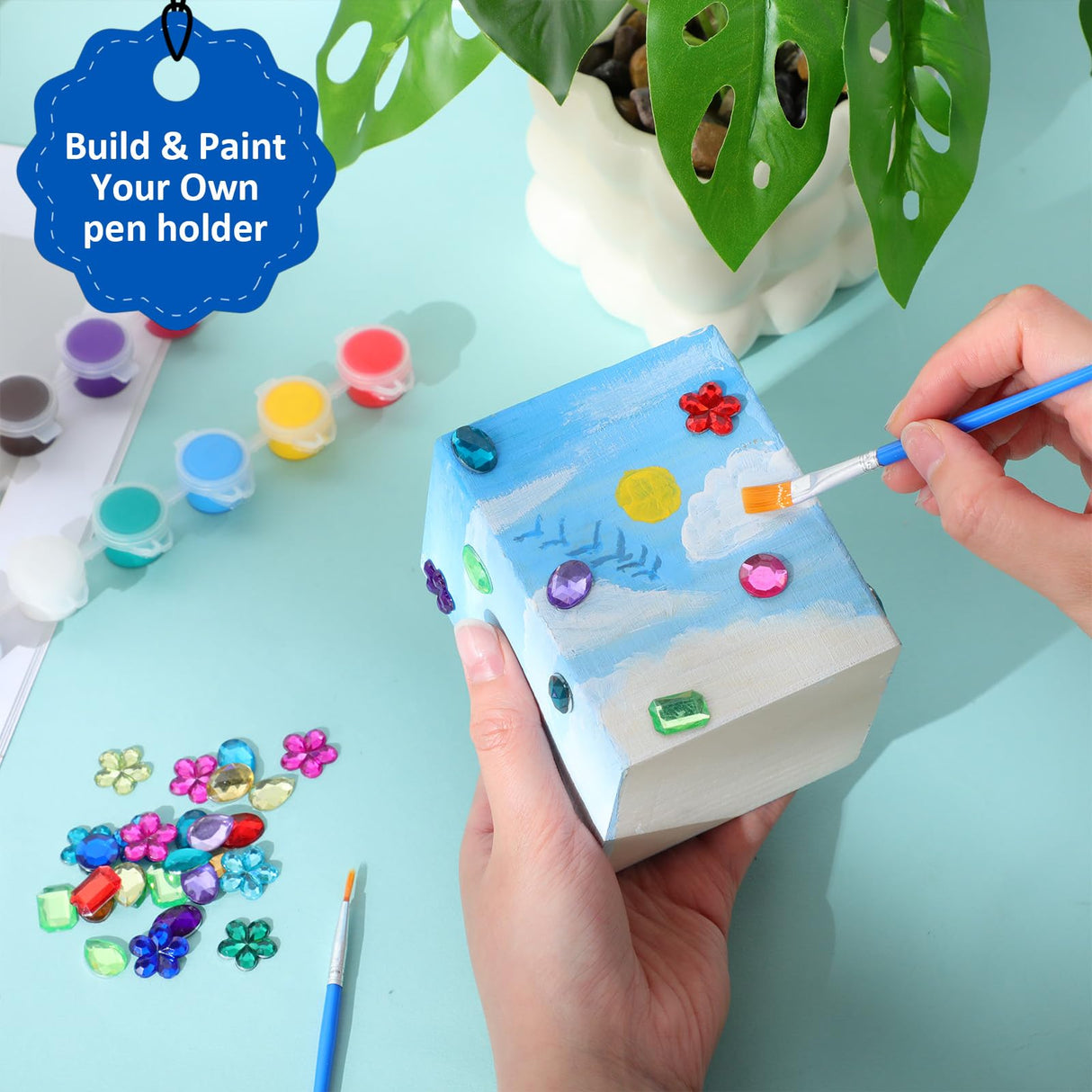 Blueweenly 12 Pcs Wood Pen Holder Unfinished Wooden Boxes, 4 Sets 12 Color Watercolor Paints and 1 Set Acrylic Stickers for DIY Crafts Birthday Party Favor Gift Supplies Blueweenly