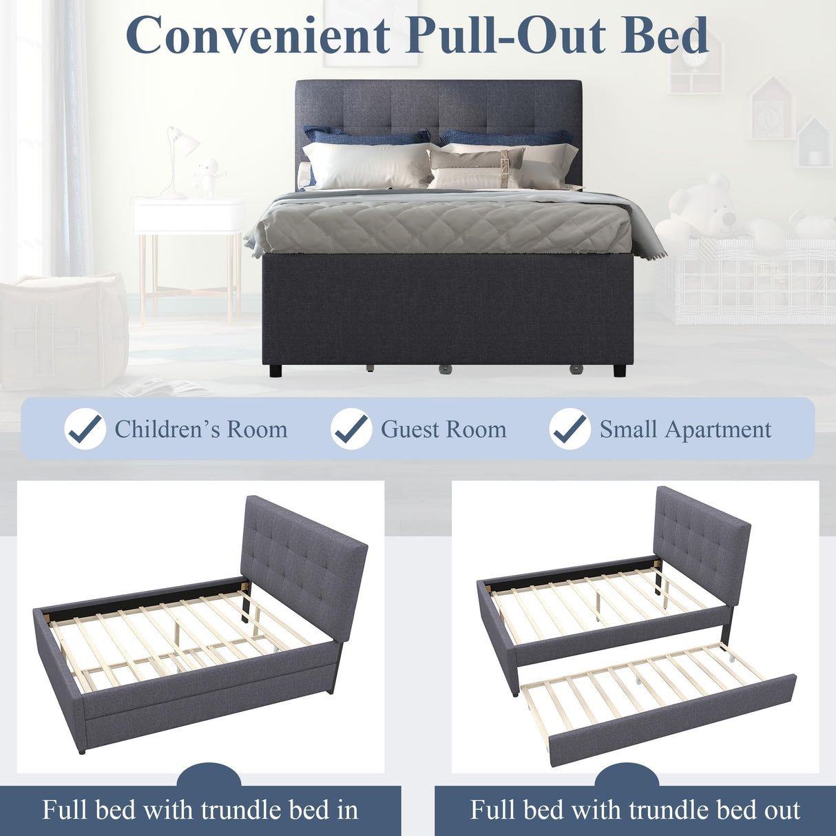 civama Full Bed with Trundle, Upholstered Full Over Twin Pull Out Platform Bed with Soft Linen Headboard & Wooden Slat Support for Bedroom Apartment, No Box Spring Needed, Grey civama