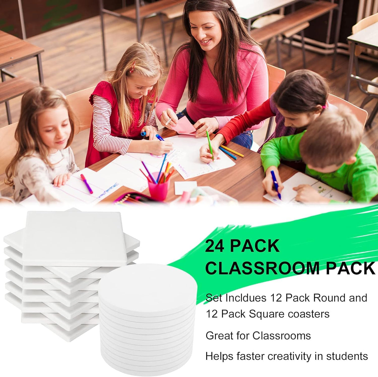 Ceramic Tile for Crafts Coasters, 24 Pack White Tiles Unglazed 4 Inch with 24 Pack Cork Backing Pads Includes Square and Round Ceramic Coasters for DIY Arts Craft Project Coasters (24) HawHawToys