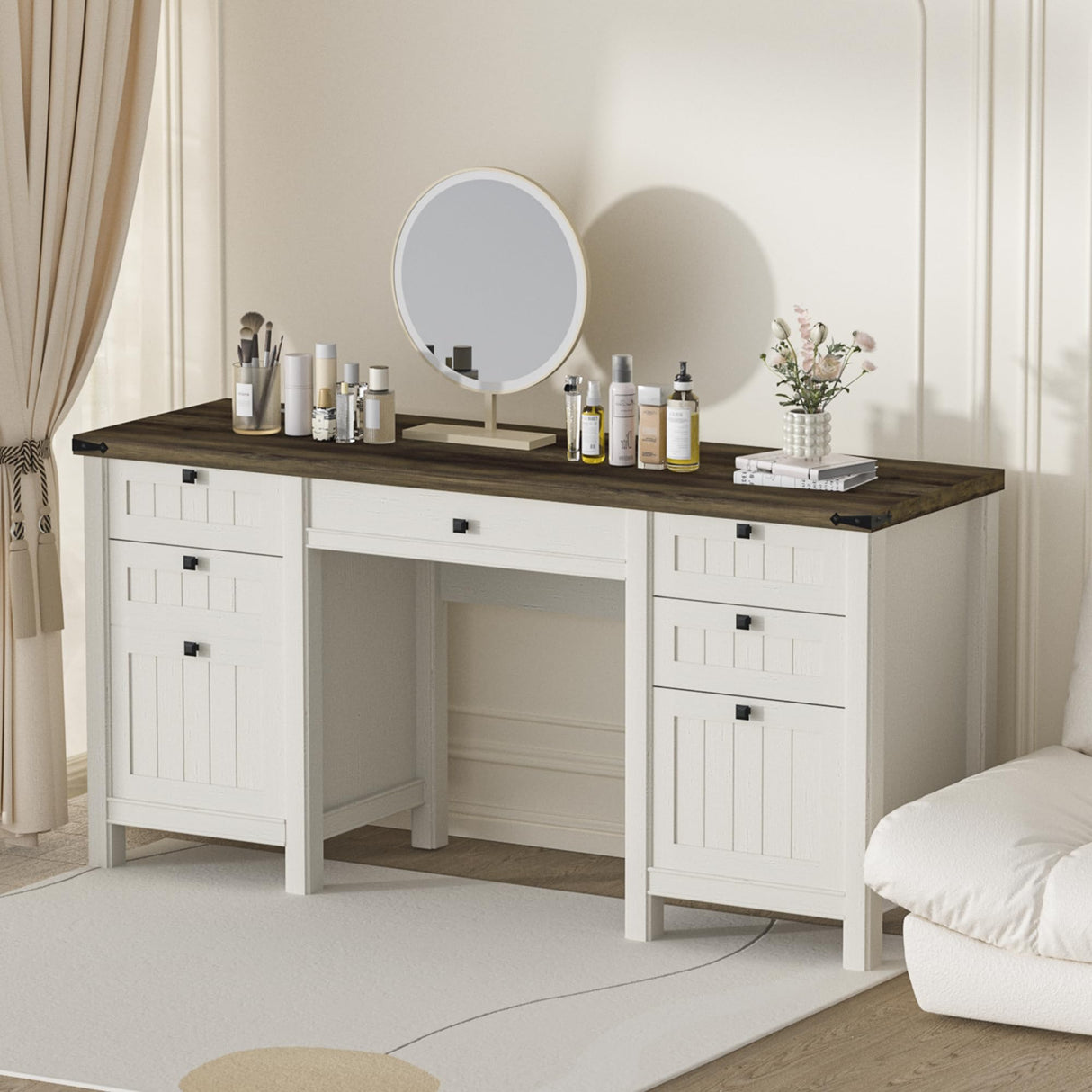 ENOUSHU Executive Desk, Farmhouse Computer Desk with Drawers & Cabinet, Home Office Desk for Work Study Writing Workspace (White, 45") ENOUSHU