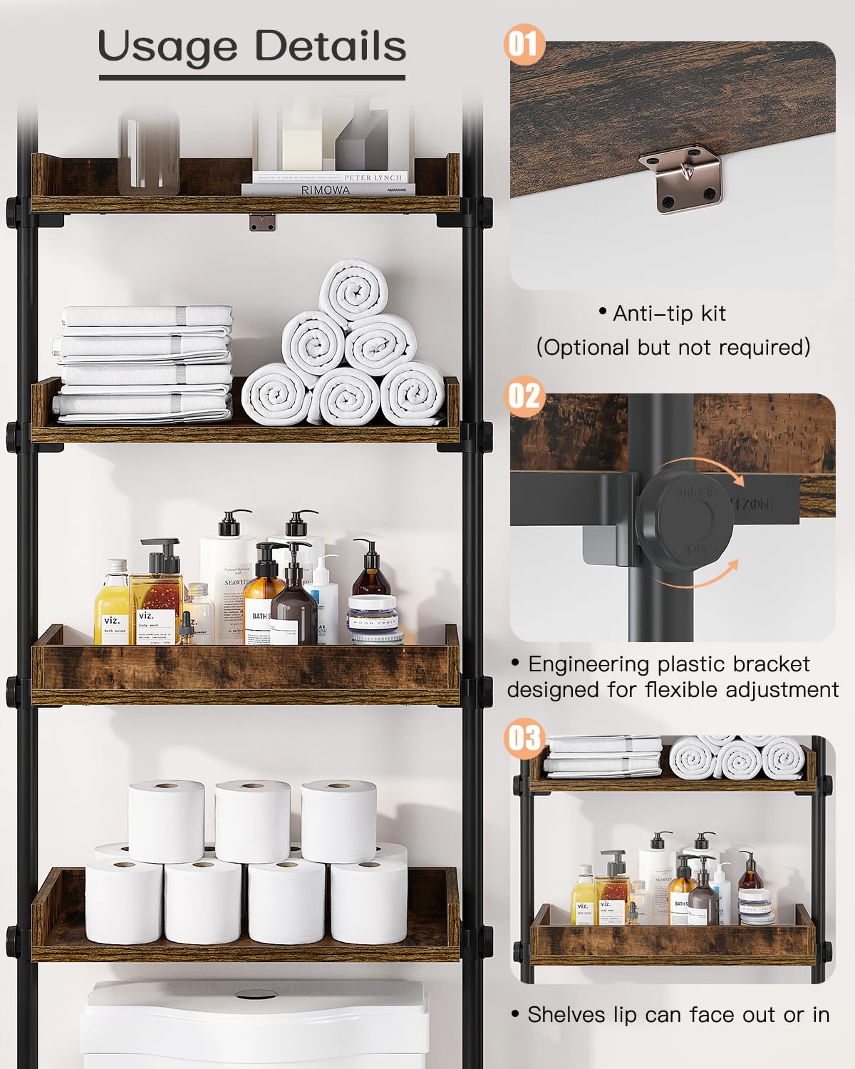 ALLZONE 4-Tier Adjustable Over-The-Toilet Storage Organizer in Rustic Brown for Small Bathrooms ALLZONE