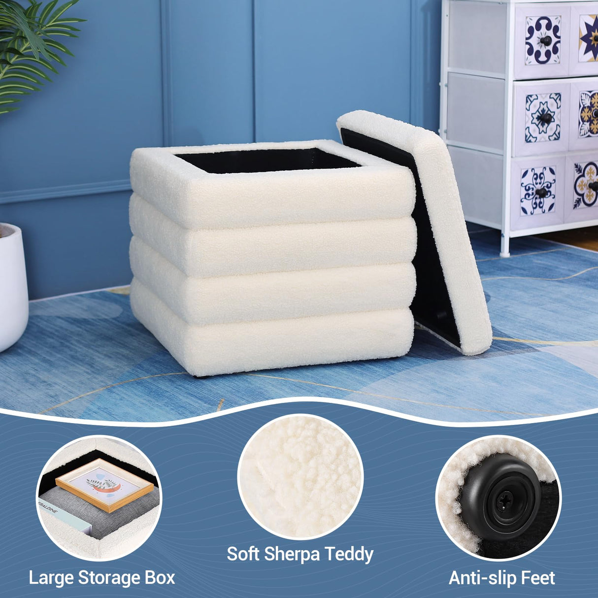 OuchTek Teddy Square Ottoman White Small Storage Ottoman Cube Ottoman for Living Room Sherpa Foot Stool Boucle Vanity Stool with Storage OuchTek
