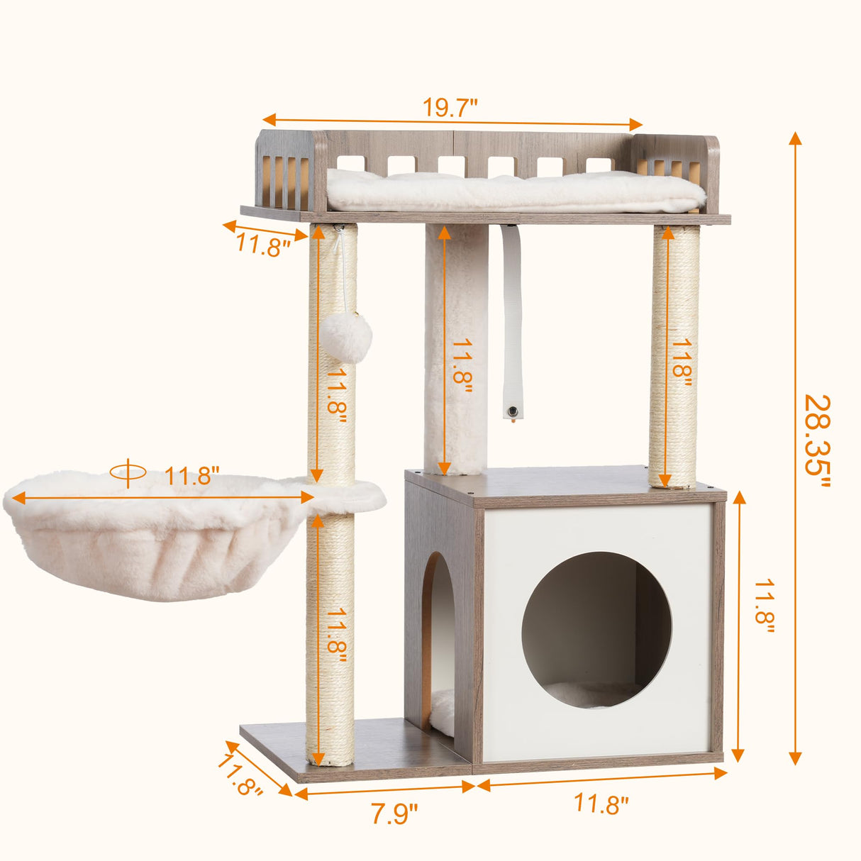 Heybly Modern Cat Tree, Wooden Cat Tower with 3 Scratching Posts, Cat Condo for Indoor Cats with Wood Cat Cave, Plush Perch, Basket, Pompom, Rustic Gray HCT007SSG Heybly