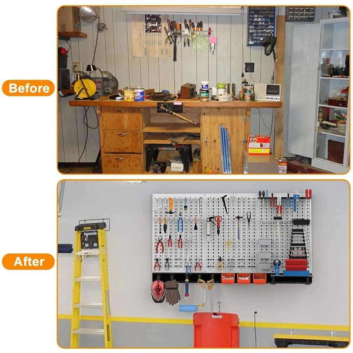 TORACK 109Pcs Wall Organizer Utility Storage Kit with Toolboard Hooks & Accessories, 4 ft. Metal Pegboard for Garage with Wall Mounted Bins & Racks TORACK