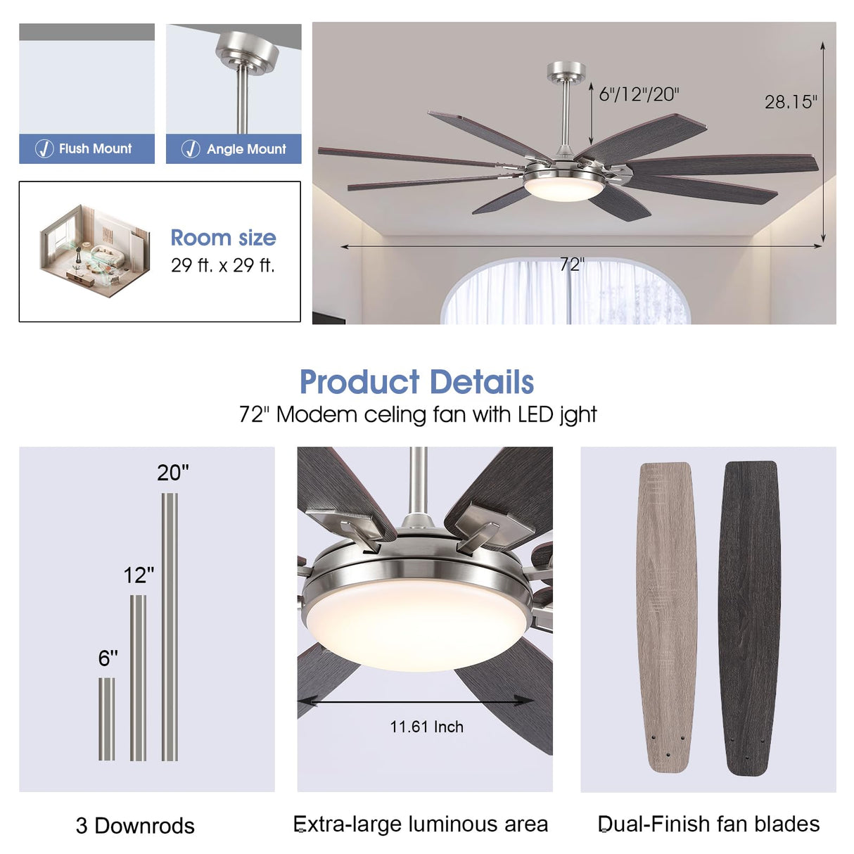 MADSHNE 72 Inch Large Ceiling Fans with Lights and Remote, Outdoor Ceiling Fan with Lights for Patio, Industrial Commercial Ceiling Fan with 6-Speed Reversible DC Motor, 3 CCT,Sand Nickel MADSHNE