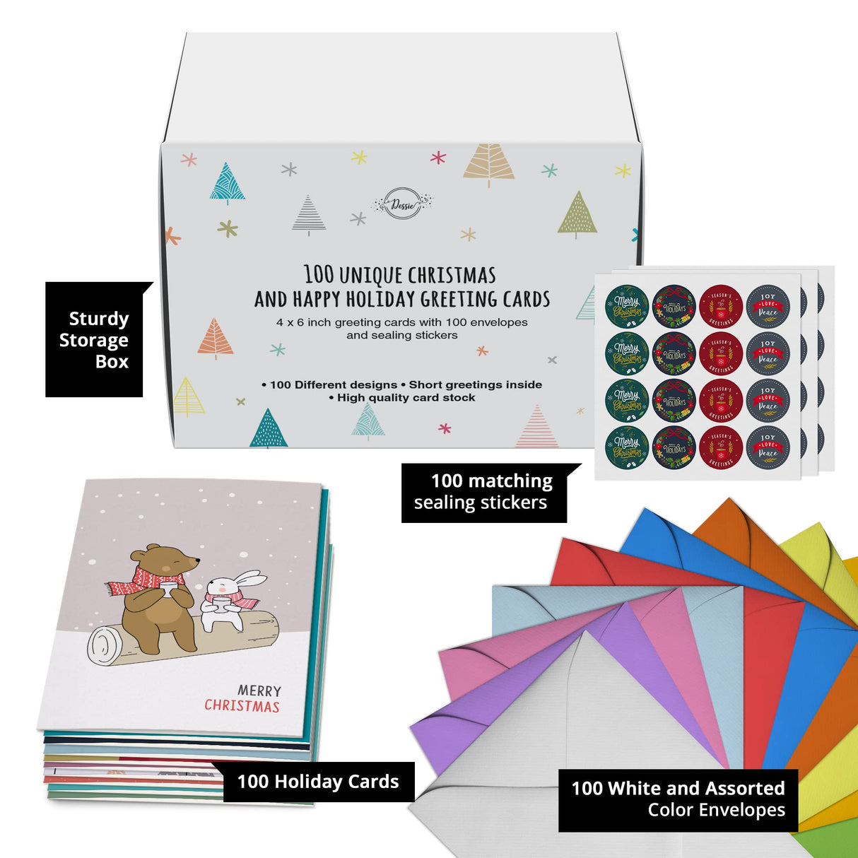 Dessie 100 Unique Modern Christmas Cards with Envelopes and Matching Sealing Stickers. Happy Holiday Cards with Short Greetings Inside. Bulk Christmas Cards Boxed with Envelopes Dessie