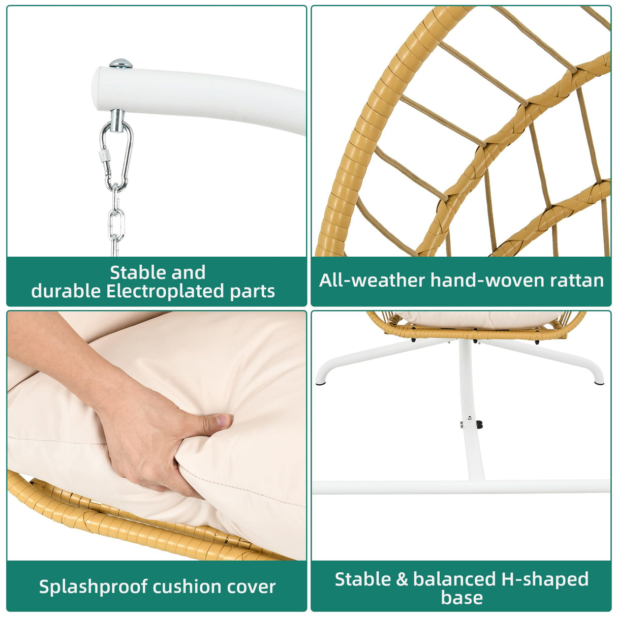 DWVO Wicker Swing Egg Chair 300lbs Capacity - Foldable Hanging Hammock with Cushions & Stand, Indoor/Outdoor Patio Swing Chair for Bedroom, Garden, Balcony (Beige) DWVO