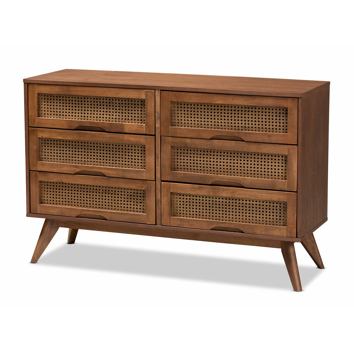 Baxton Studio Barrett Mid-Century Modern Walnut Brown Finished Wood and Synthetic Rattan 6-Drawer Dresser Baxton Studio