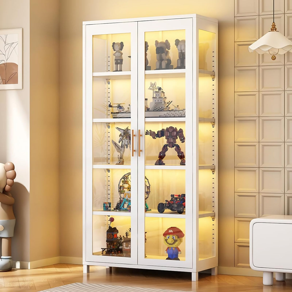 Glass Display Cabinet, 5-Tier Curio Cabinet with Glass Doors, Metal Display Case with Adjustable Shelves, Display Cabinet for Collectibles & Toy Organizer for Home, Office, Playroom, Living Room Orixal