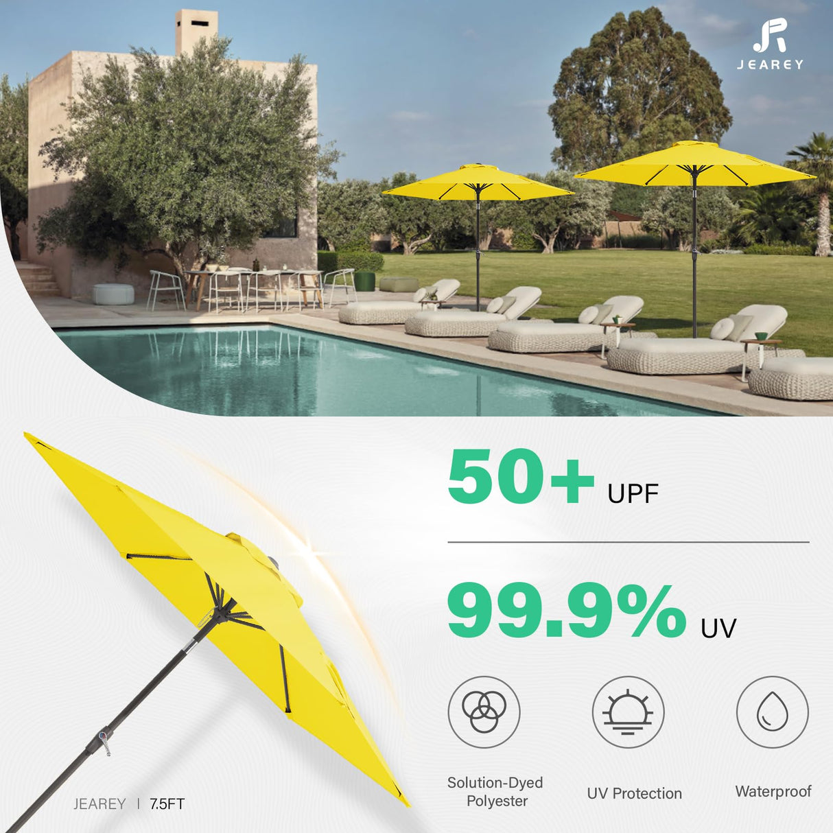 JEAREY 7.5FT Patio Umbrella Market Table Umbrella with 6 Sturdy Ribs, Push Button Tilt/Crank Outdoor Umbrella for Garden, Deck, Backyard, Pool and Beach,Yellow JEAREY