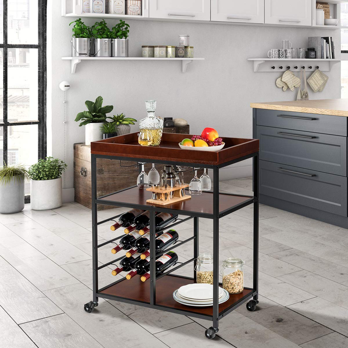 Giantex 3-Tier Kitchen Island Cart Rolling Trolley Industrial Style Serving Cart Utility Cart Wood Kitchen Stand with Glasses Holder and 9 Wine Bottles Rack Metal Frame and Castors (Rustic Brown) Giantex