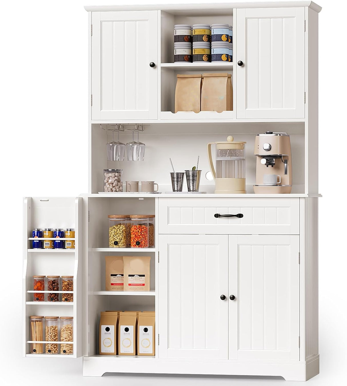 Gizoon 67" Kitchen Pantry Cabinet with Microwave Shelf Tall Coffee Bar Cabinet with Doors and Shelves Farmhouse Kitchen Hutch Cabinet with Storage for Kitchen Bathroom and Living Room, White Gizoon