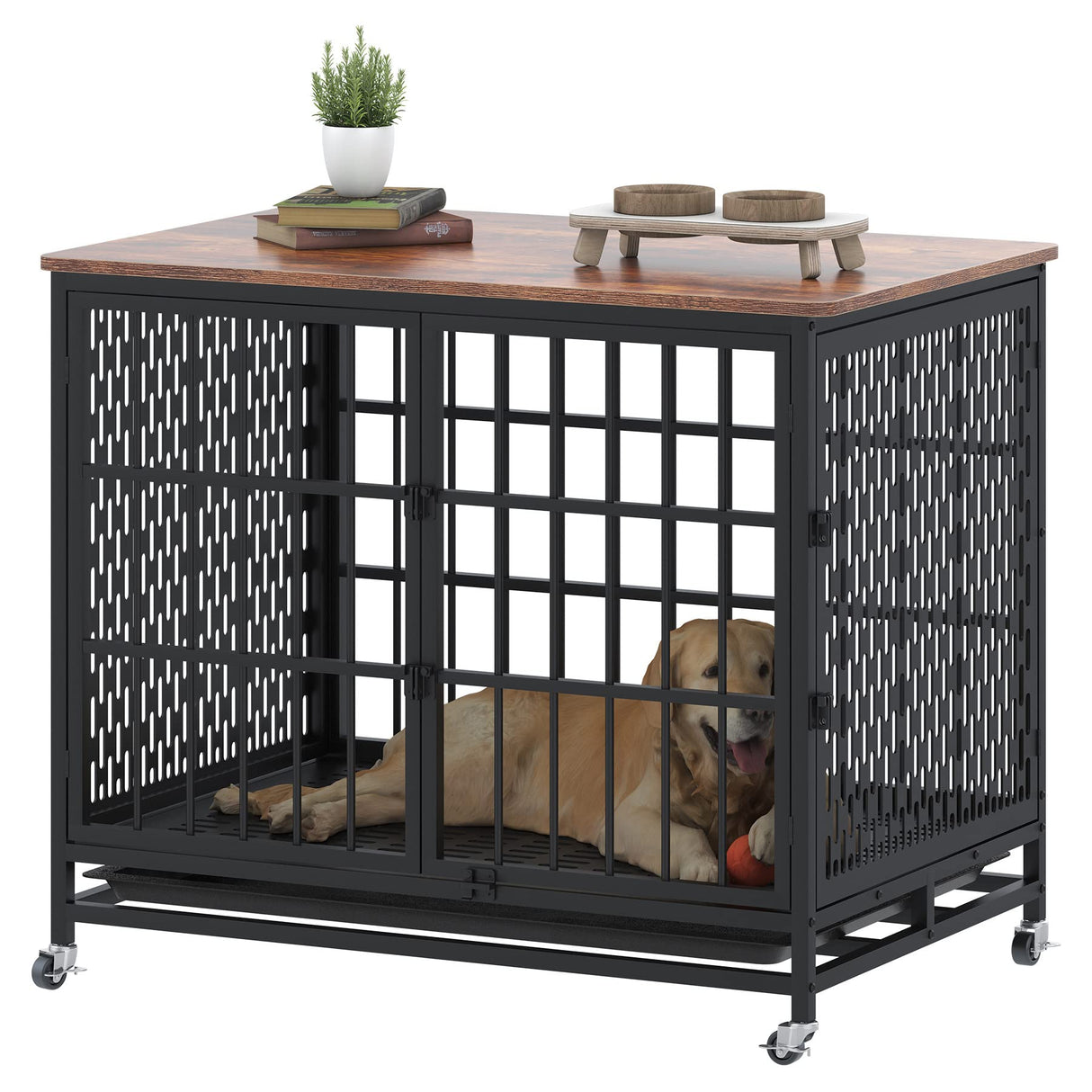 BOINN 42 inch Extra Large Dog Crate Furniture with Removable Trays, 3 Doors, 4 Wheels & 5 Locks - for Medium and Large Dogs BOINN