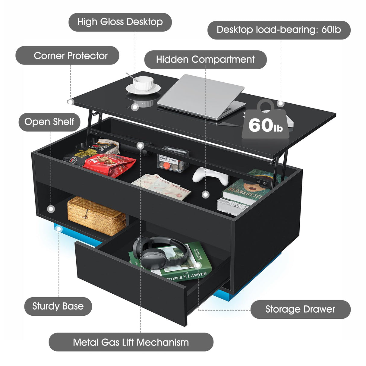 LED Coffee Table for Living Room Morden Coffee Tables with Lift Top High Gloss 4 Tiers WhiteTea Table with Storage Center Tables Sofa Hidden Compartment & 1 Open Shelve & 1 Drawer HOMMPA