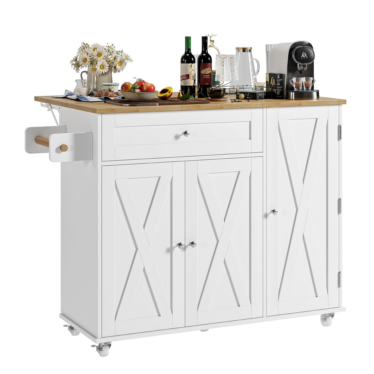 BOTLOG Kitchen Island with Storage, Island Table on Wheels with Drop Leaf, Spice Rack, Drawer, Towel Rack, Rolling Kitchen Island Cart for Dinning Room, White 15.7-27.55" D x 47.63" W x 35.43" H BOTLOG