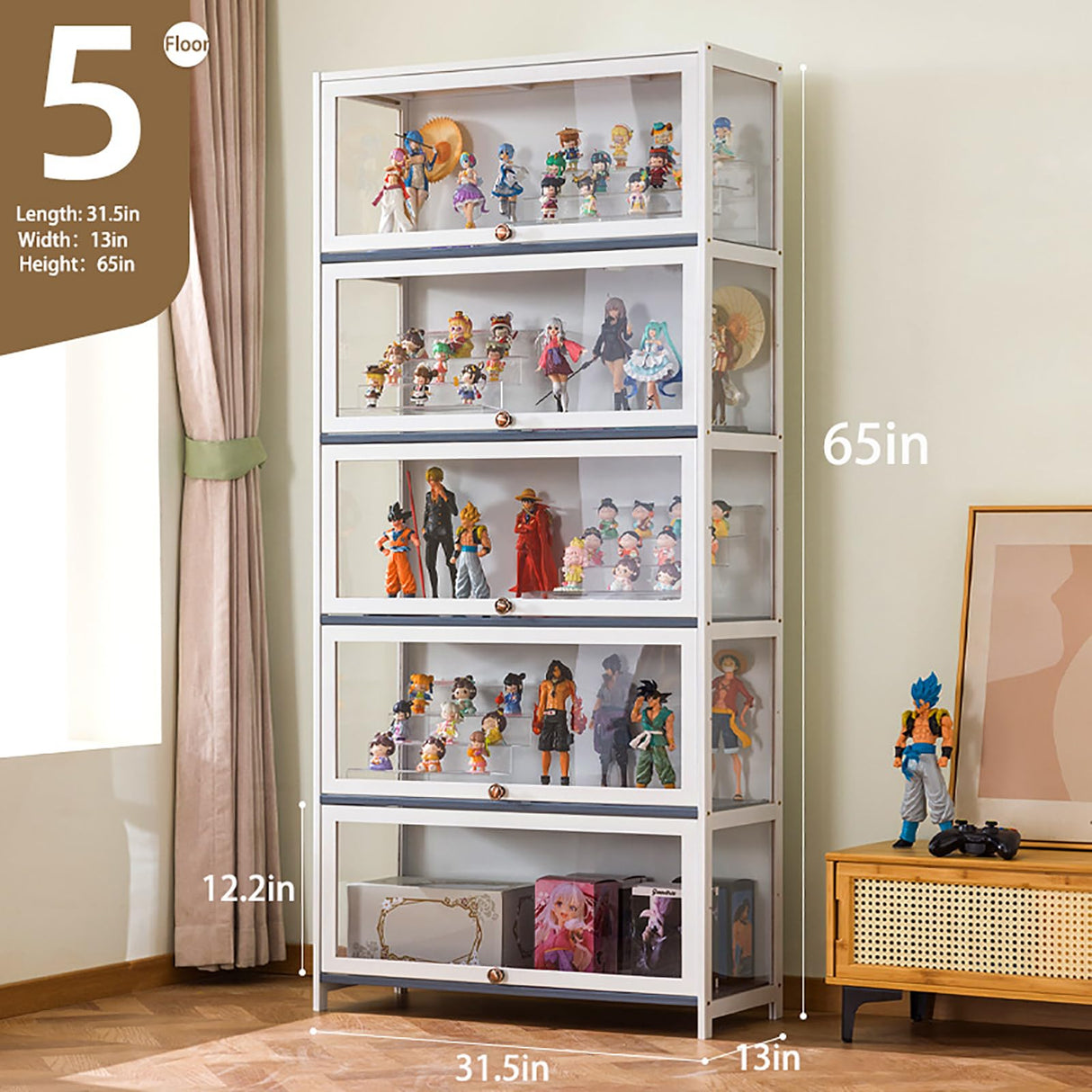 White Wooden Display Cabinet with Acrylic Doors, 5-Tier Bamboo Display Cases for Figurine, Curio Cabinet Toy Organizers Rack & Display Shelf for Home Office, Playroom, Living Room, Bedroom, 65in Generic