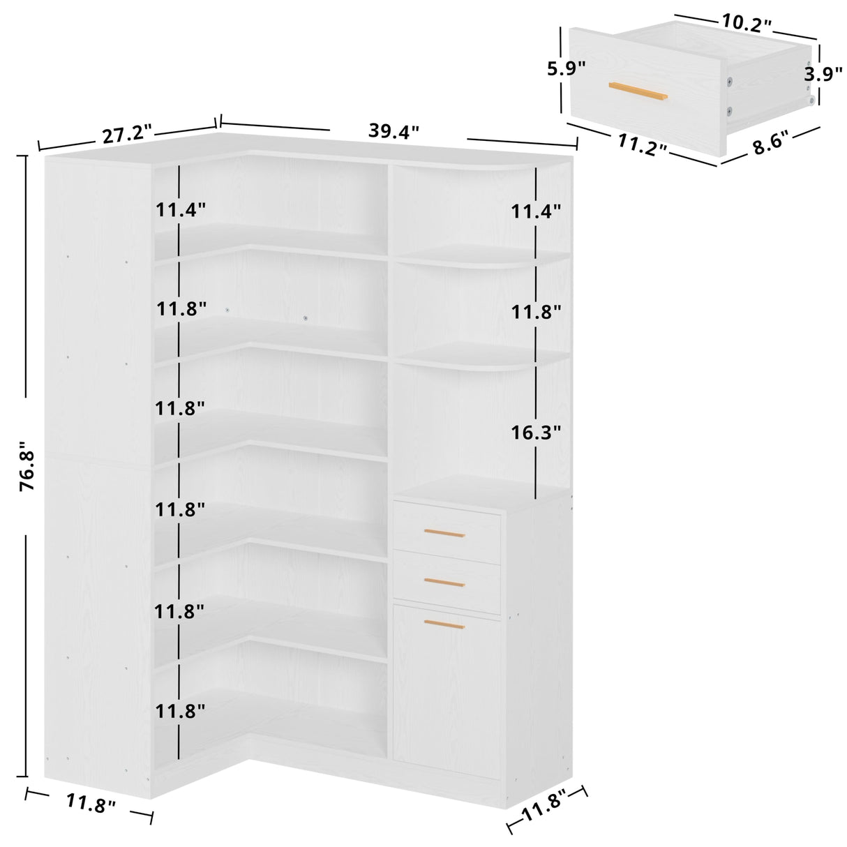 IRONCK Corner Bookshelf and Bookcase with 2 Drawer and 10 Open Shelves, 76.8" Height L Shaped Storage Shelf Corner Combination, for Living Room Home Office, Modern White IRONCK
