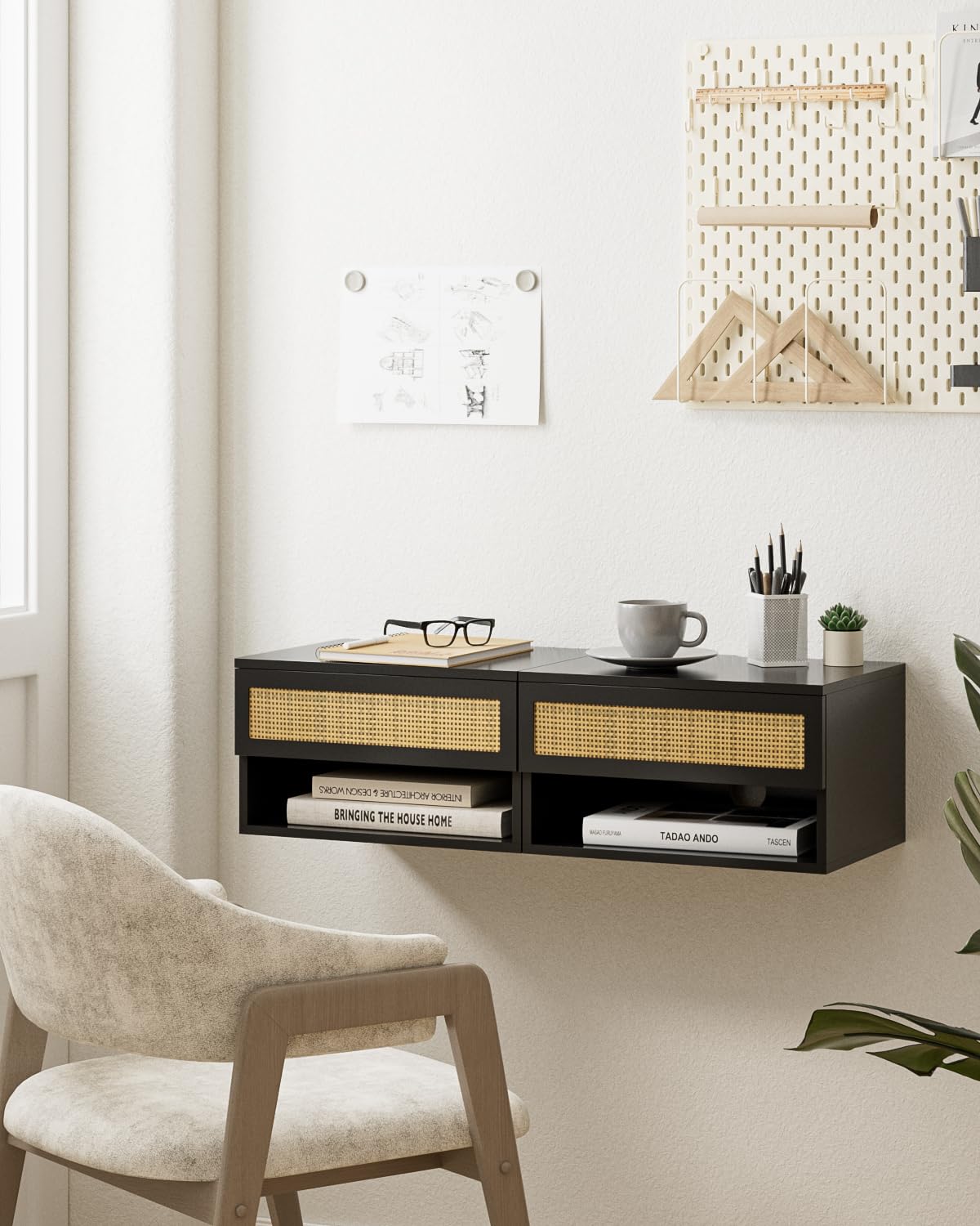 Aienvey Floating Nightstand, Small Modern Floating Nightstand with Drawer, Floating Shelves for Bedroom, Bathroom, Black Rattan Aienvey