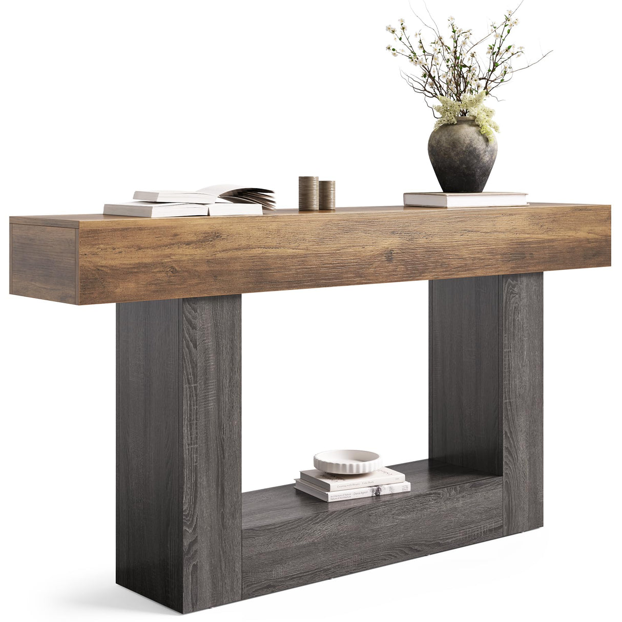 LITTLE TREE 63 Inches Long Console Table, 2-Tier Farmhouse Sofa Table Behind Couch, Large Narrow Entryway Table for Living Room, Wooden Hallway Foyer Table with Heavy Duty Base, Rustic Brown and Grey LITTLE TREE