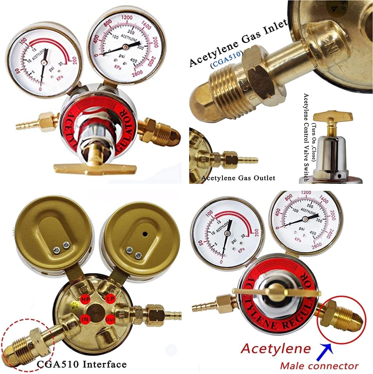 Baotkere 2pcs Dual Welding Gas Regulators, Oxygen (CGA-540) and Acetylene (CGA-510) Combo Brass Gauges Two-piece Suit Compatible with Victor Harris Torch Cutting kits Baotkere