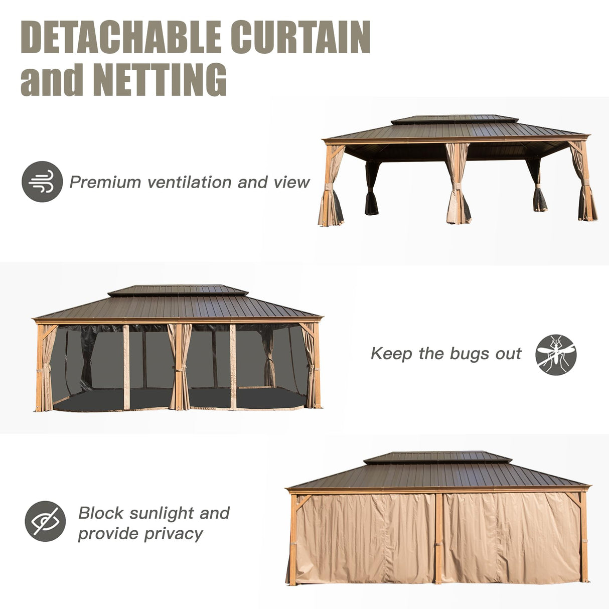 Domi 14'x24' Hardtop Gazebo Canopy,Outdoor Aluminum Gazebo with Galvanized Steel Double Roof, Extra Large Permanent Gazebo Pavilion for Patio Deck Backyard,Curtain and Netting,Wood Grain domi outdoor living