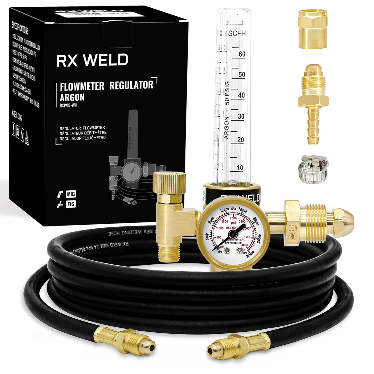 RX WELD Argon Regulator Flowmeter Gas Gauge for Mig Tig Weld with Gas Welding Hose RX WELD