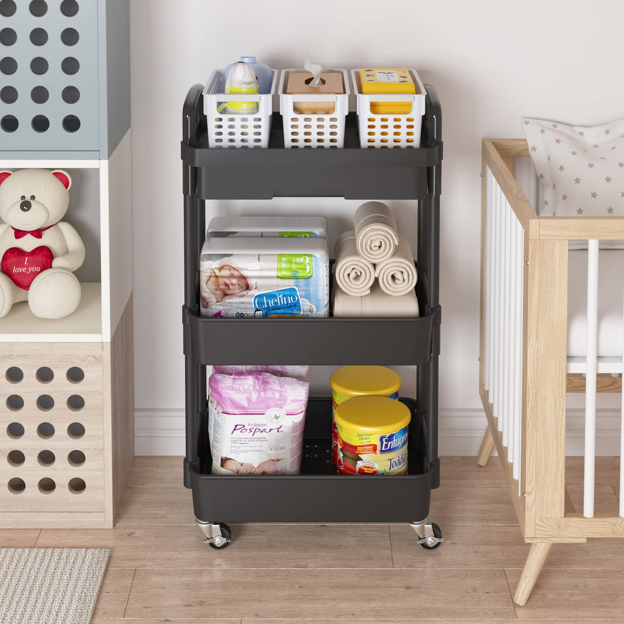 Calmootey 3-Tier Rolling Utility Cart with Drawer,Multifunctional Storage Organizer with Plastic Shelf & Metal Wheels,Storage Cart for Kitchen,Bathroom,Living Room,Office,Black Calmootey