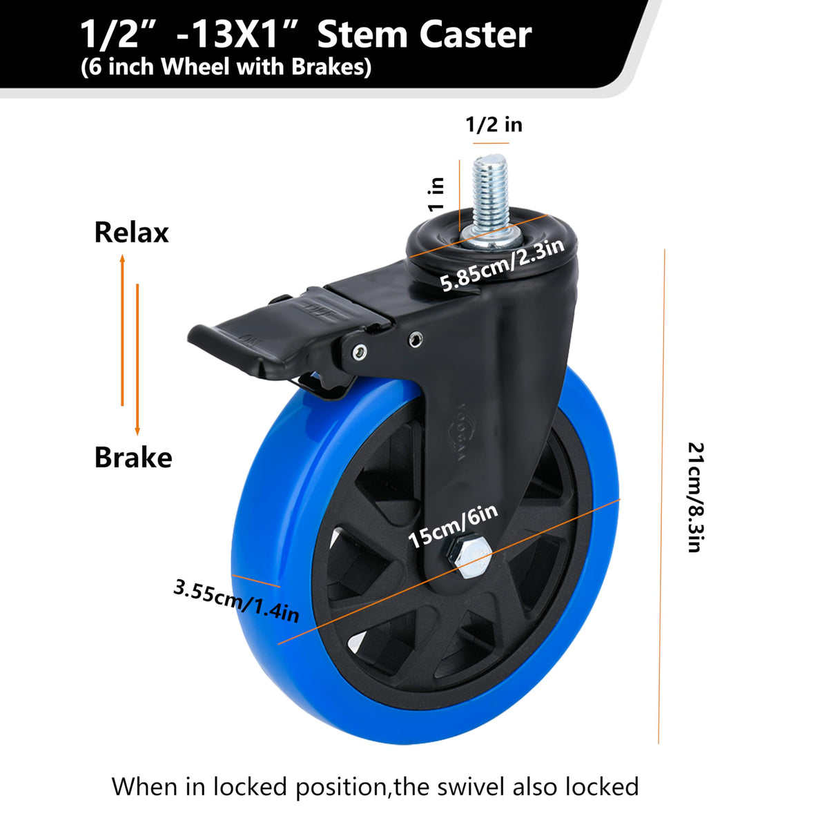 6 inch Casters Heavy Duty Swivel Threaded Stem Caster Wheels with 1/2''-13x1''Dual Locking Wheel with Brakes Pack of 4 for Workbench Furniture Carts Load Bearing 2000 Lbs YOOGAA