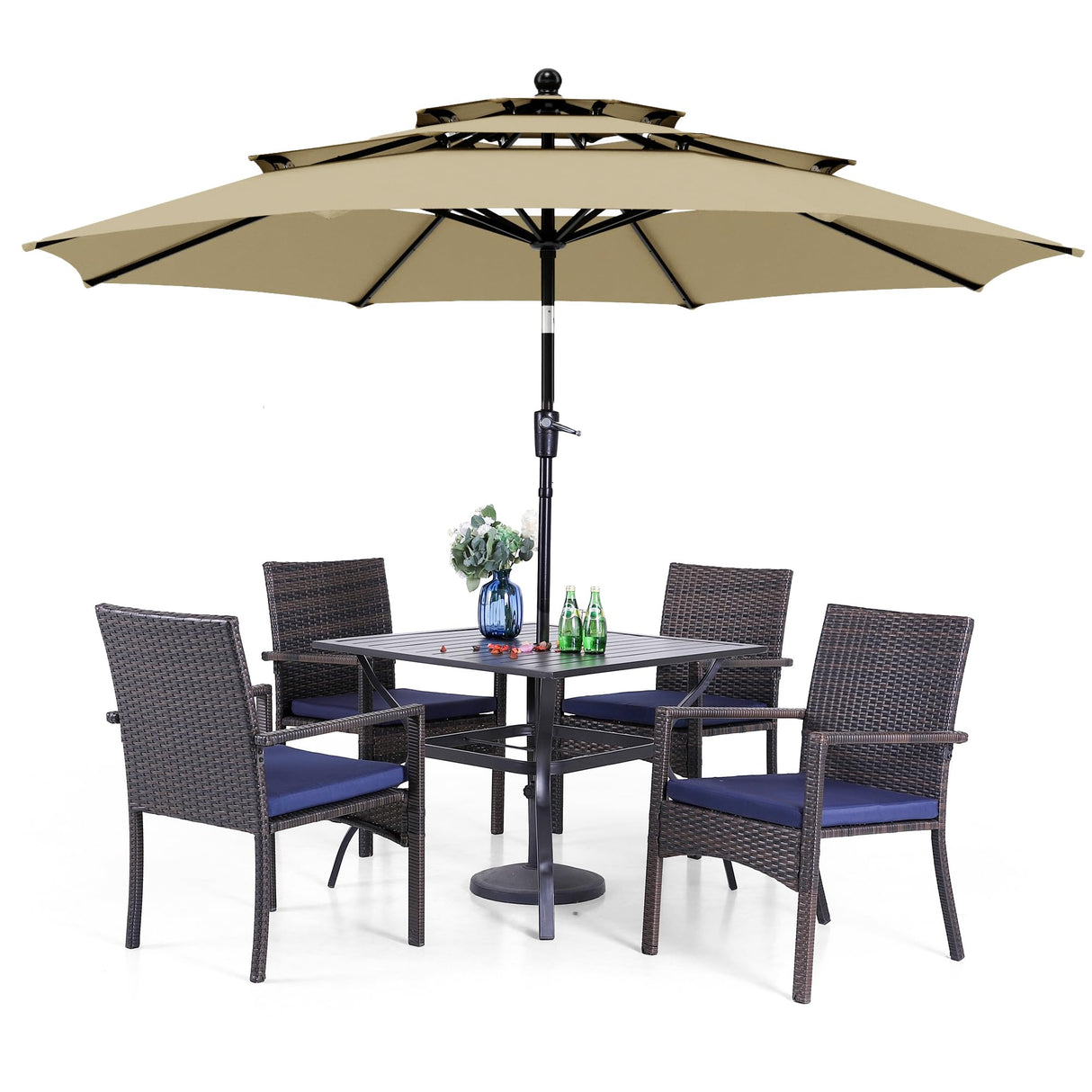 PHI VILLA 5 Piece Outdoor Dining Set with Umbrella, 37" Square Metal Dining Table & 4 Cushioned Wicker Rattan Chairs with 10ft Beige Umbrella for Patio, Deck, Yard, Porch PHI VILLA