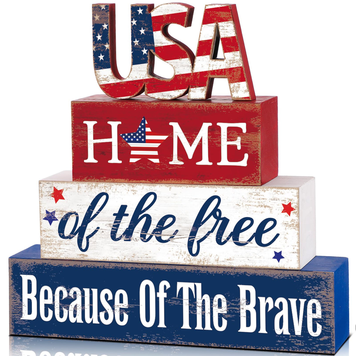 Huquary 4 Pcs Farmhouse 4th of July Patriotic Table Sign Independence Day Table Wood Decorations Patriotic Themed Rustic Farmhouse Wood Block Sign for Party Home Desk (Stylish) Huquary