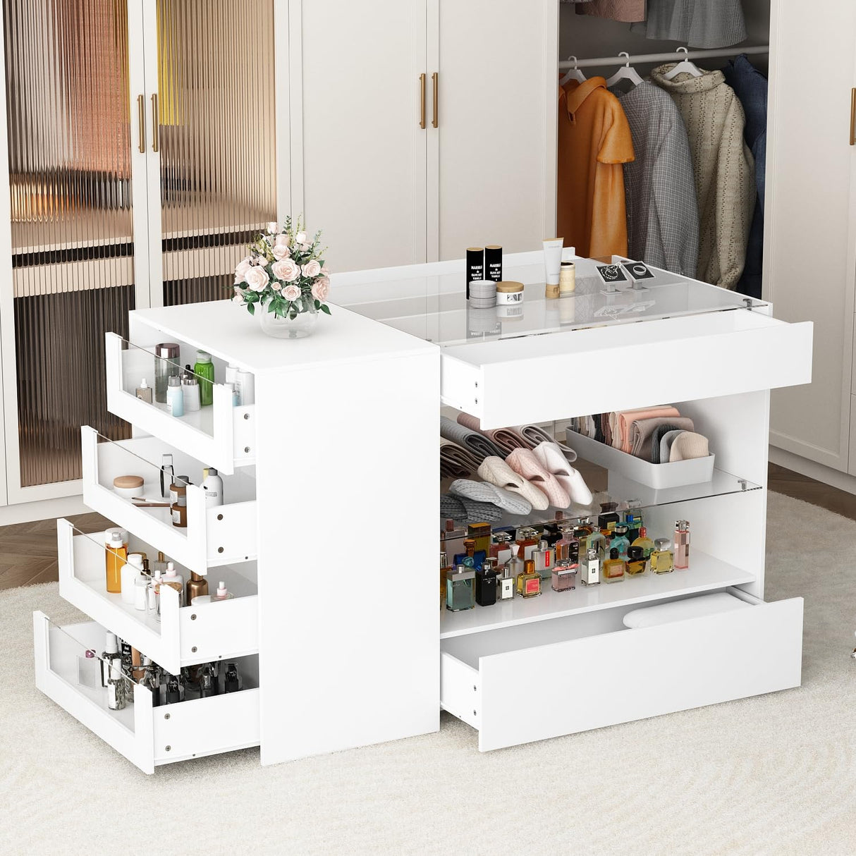 Elegant White Homsee Wardrobe Armoire with Glass Top and 6 Drawers for Stylish Storage Homsee