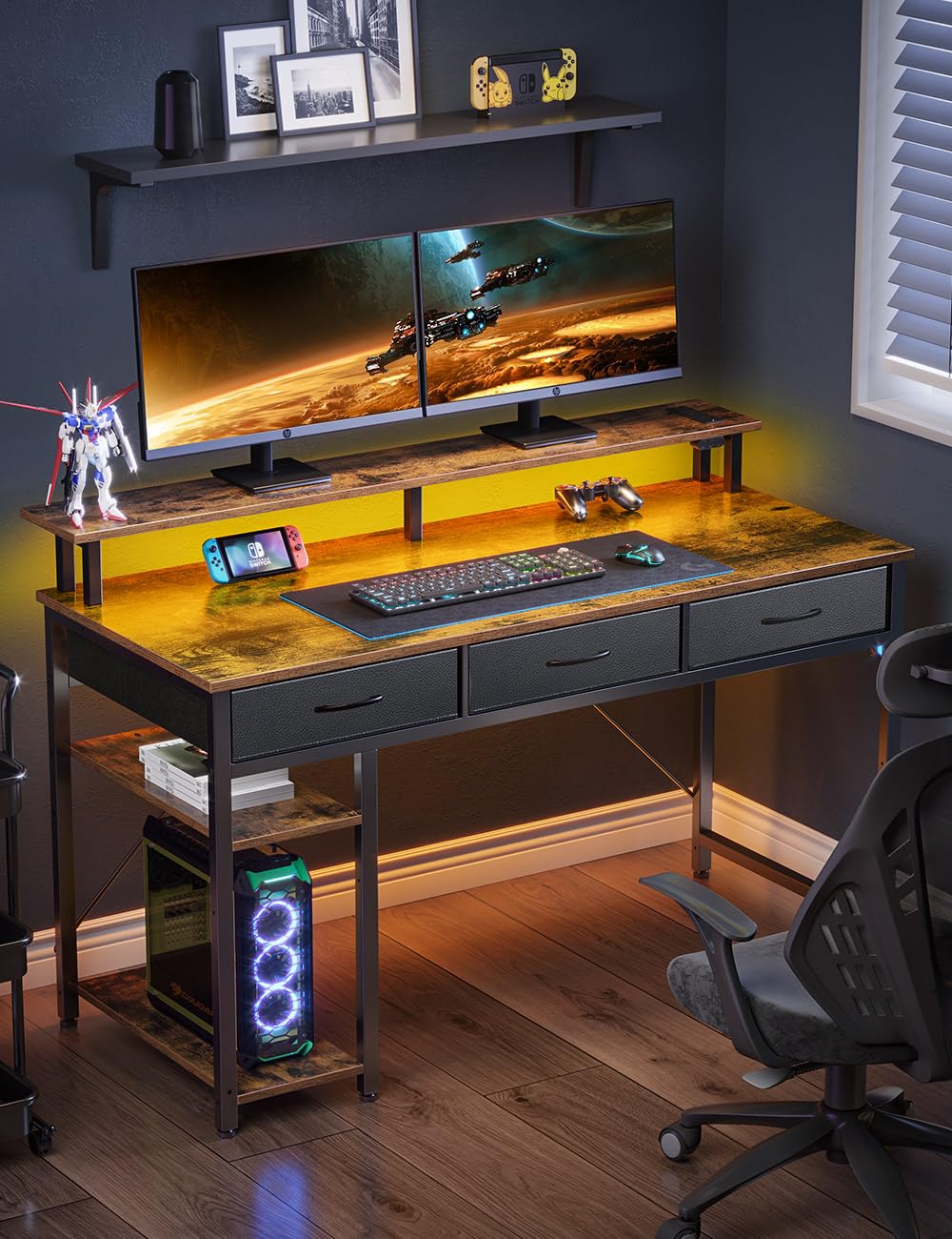 Rolanstar Computer Desk with Power Outlets & LED Light, 39 inch Home Office Desk with 3 Drawers and Storage Shelves, Writing Desk with Monitor Stand, Work Desk for Home Office,Rustic Brown Rolanstar