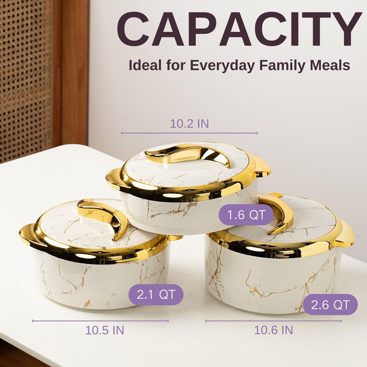 Hywisnok Luxury 3-Piece 2.6/2.1/1.6qt Thermal Casserole Dish Set with Lids, Insulated Stainless Steel Container for Hot & Cold Food, Serving Bowl for Buffets/Parties-Marble White Hywisnok