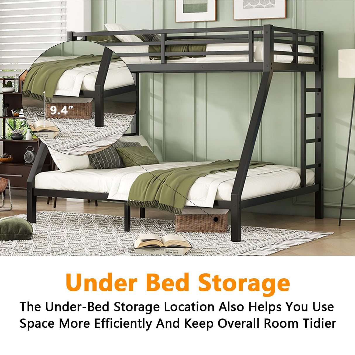 anwickjeff Metal Full Over Queen Bunk Bed for Adults, Heavy Duty Bunk Beds with 2 Stairs,Safety Guardrail, Noise Free, Easy Assembly (Full Over Queen) anwickjeff