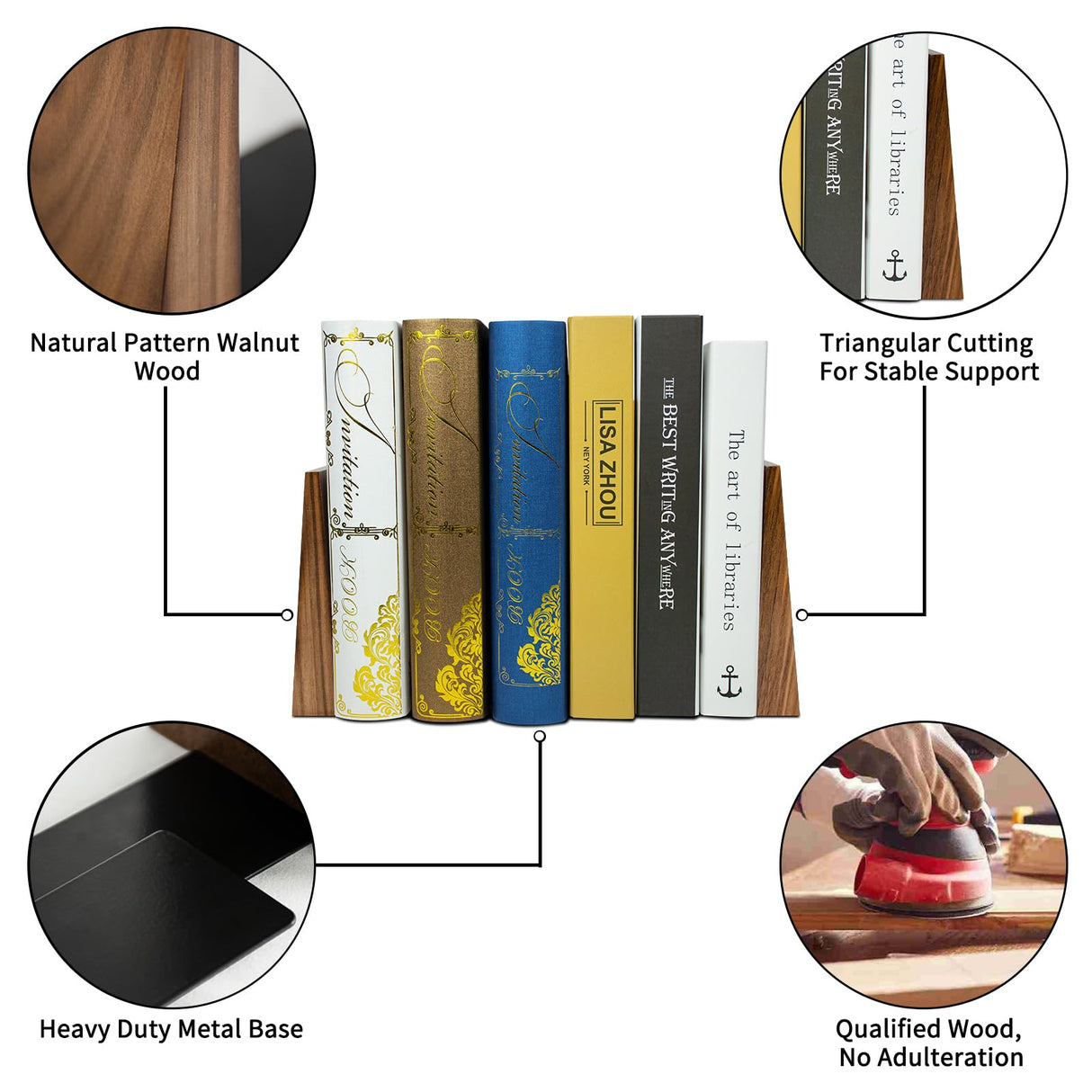 Luxdecor Wood Bookends Hold Heavy Books- Walnut Bookends for Office, Sturdy Bookends for Desk Non Skid, Decorative Walnut Wood Bookends Large, 2pack Triangle Wood Book Ends Luxdecor