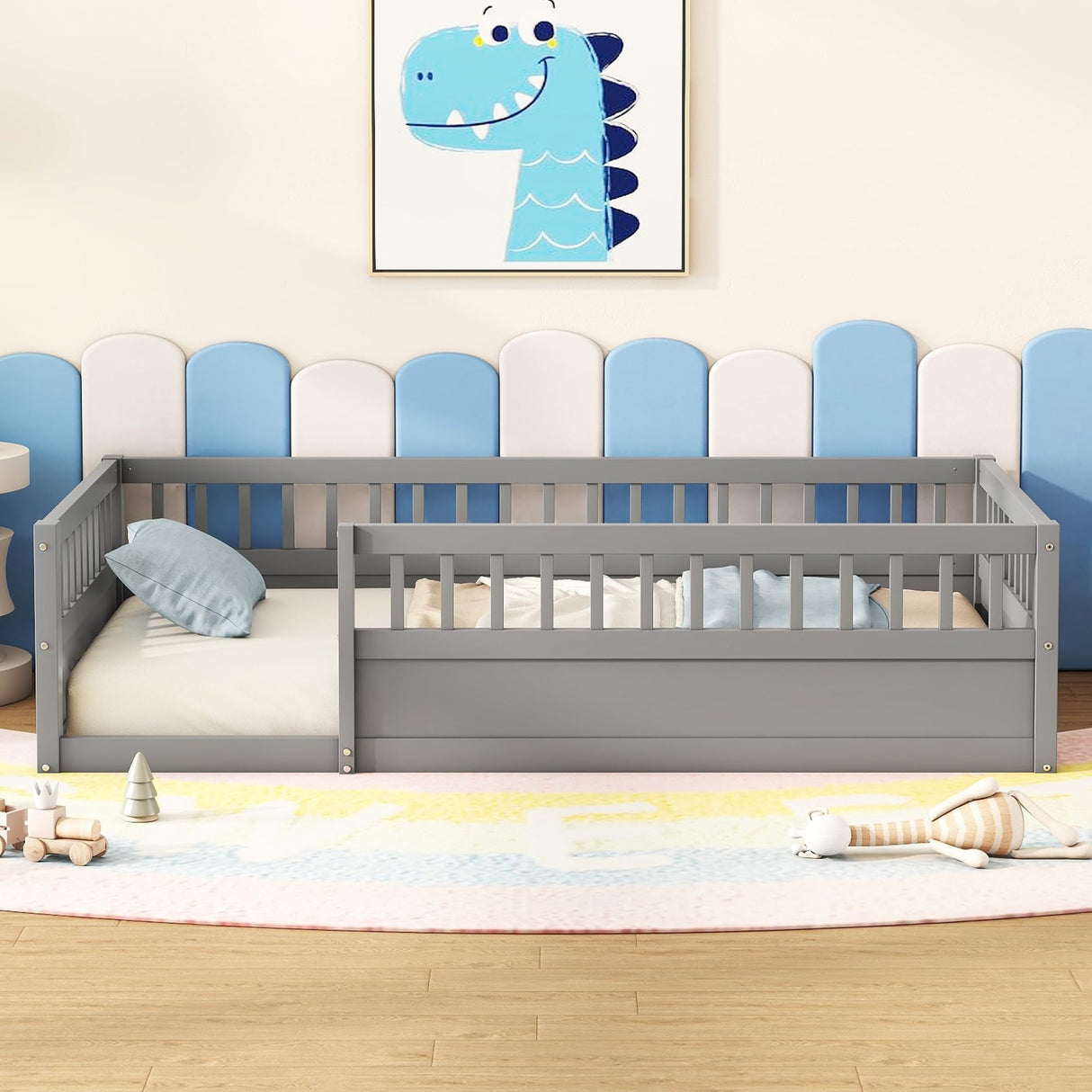 Floor Bed for Kids, Twin Size Montessori Bed with High Fence Railings, Wood Playhouse Bed with Rails for Baby Boys Girls Teens, No Slats Included, Gray Mirightone