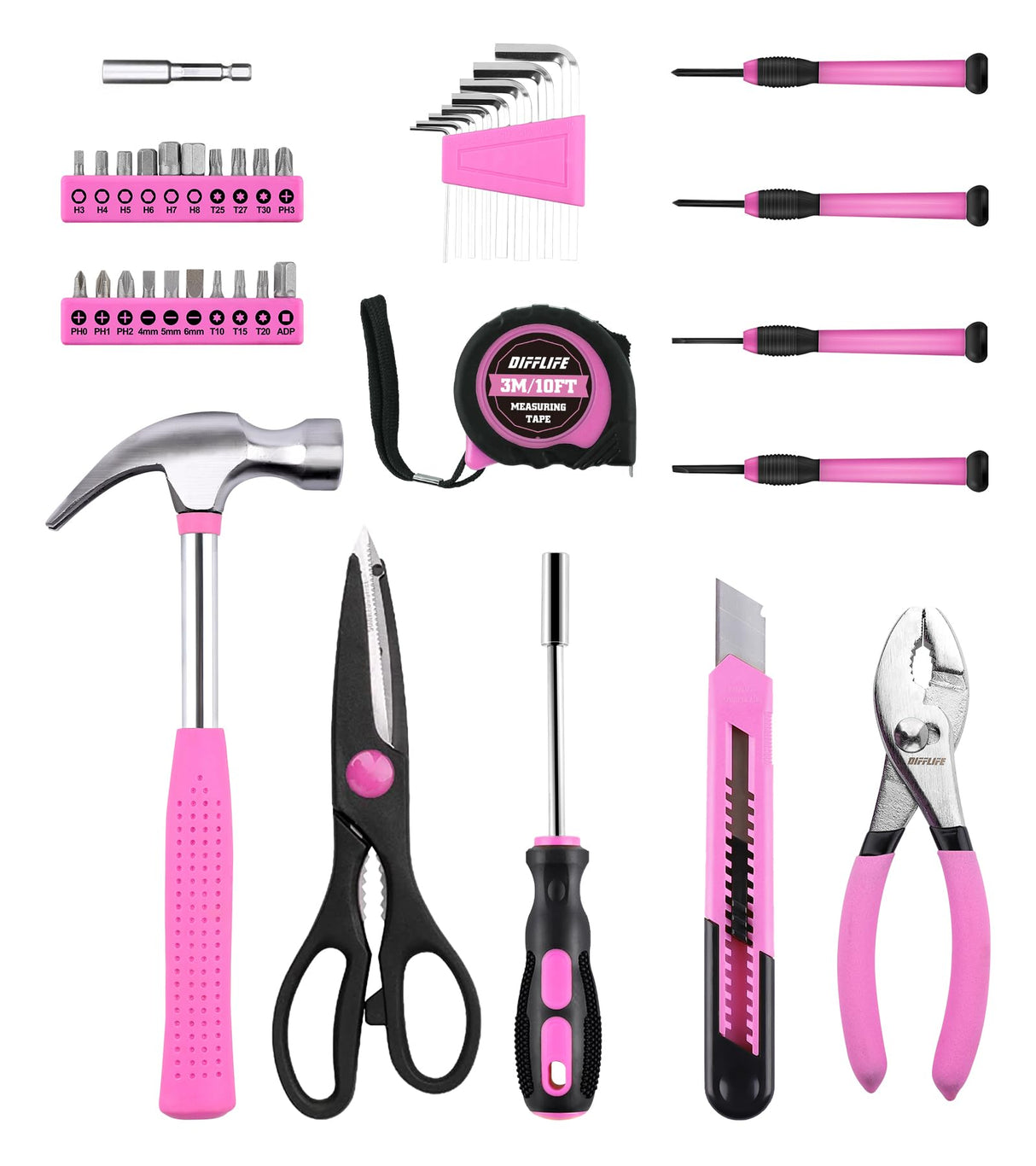 DIFFLIFE Tool Set Pink-40 Piece - General Household Hand Tool Kit with Plastic Toolbox Storage Case(Pink) DIFFLIFE