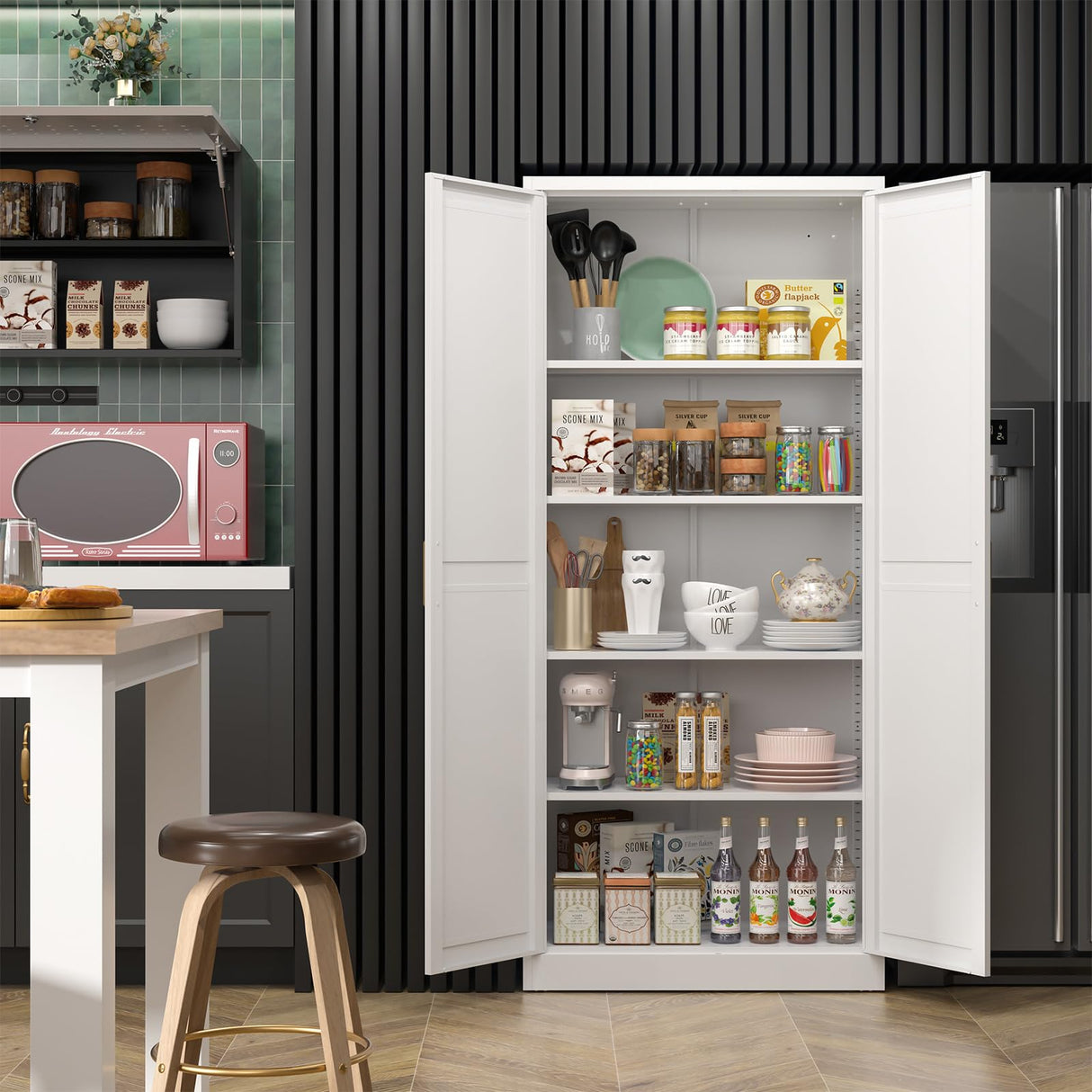 Kitchen Pantry Cabinet,71”White Metal Pantry Storage Cabinet with Doors and 4 Adjustable Shelves,Kitchen Cabinet with 2 Gold Handles,Tall Cabinet for Livingroom,Pantry, Bathroom,Kitchen SteeLoong