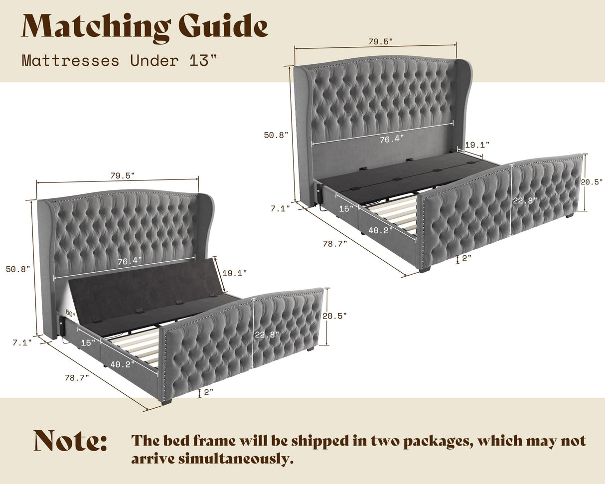 AMERLIFE King Size Adjustable Bed Frame with 51" H Velvet Upholstered and Deep Button Tufted Headboard, Electric Bed with Dual Motor/Nailhead Trim Wingback, No Box Spring Needed, Grey AMERLIFE