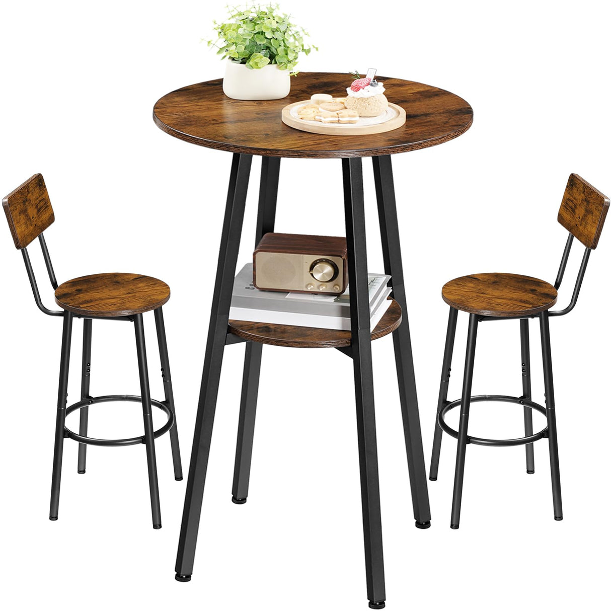 HOOBRO 3 Pieces Round Bar Height Table and Chairs Set, Round Dining Table Set, Pub Table and Chairs for Small Space, 2 Tier Kitchen Table and Bar Stools with Back, Rustic Brown BF35BT01 HOOBRO