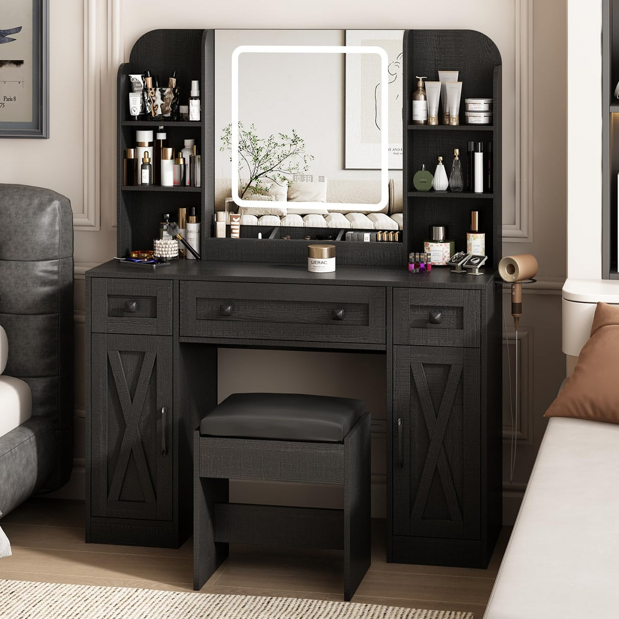 Vabches Black Vanity Desk, Vanity Mirror with Lights, Makeup Vanity Desk with Stool, Vanity Table with Large Storage Drawers and Shelves, Time and Temperature Display, 3 Led Lighting Modes Adjustable Vabches