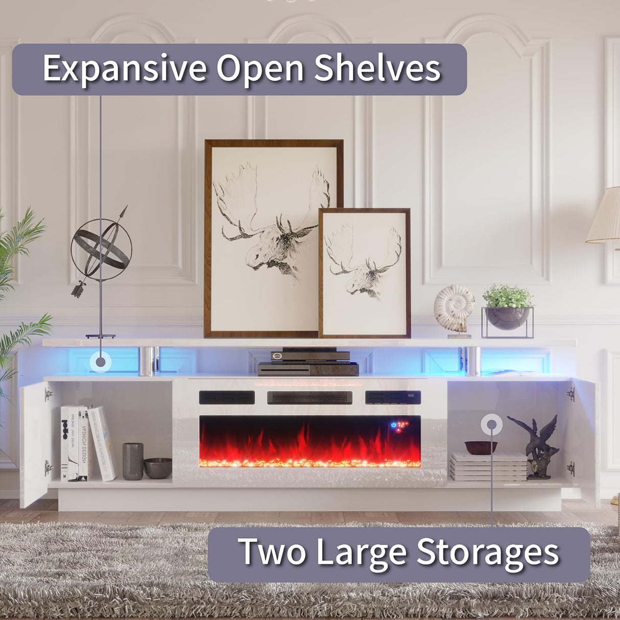 AMERLIFE Fireplace TV Stand with 36" White Fireplace, 70" Modern High Gloss Fireplace Entertainment Center LED Lights, 2 Tier TV Console Cabinet for TVs Up to 80", White & White AMERLIFE