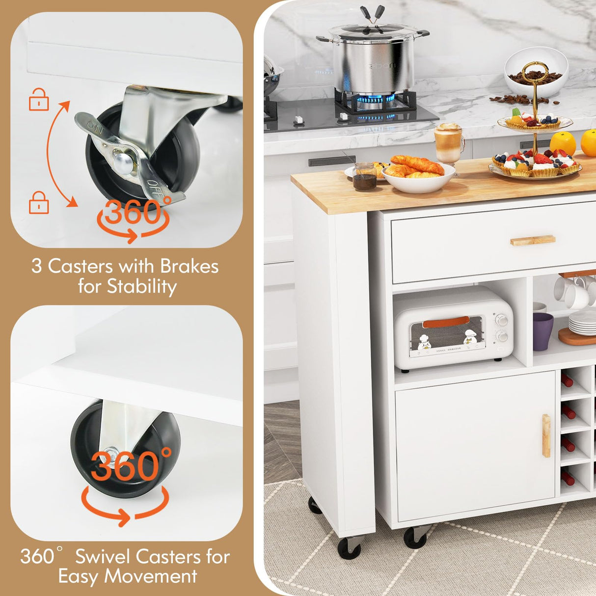 Giantex Mobile Kitchen Island Cart, 4-in-1 Reversible Serving Cart Bar Table Combo, Storage Cart on Wheels w/Rubber Wood Top, Adjustable Shelf, 12-Bottle Wine Rack, Spice Rack for Dining Room, White Giantex