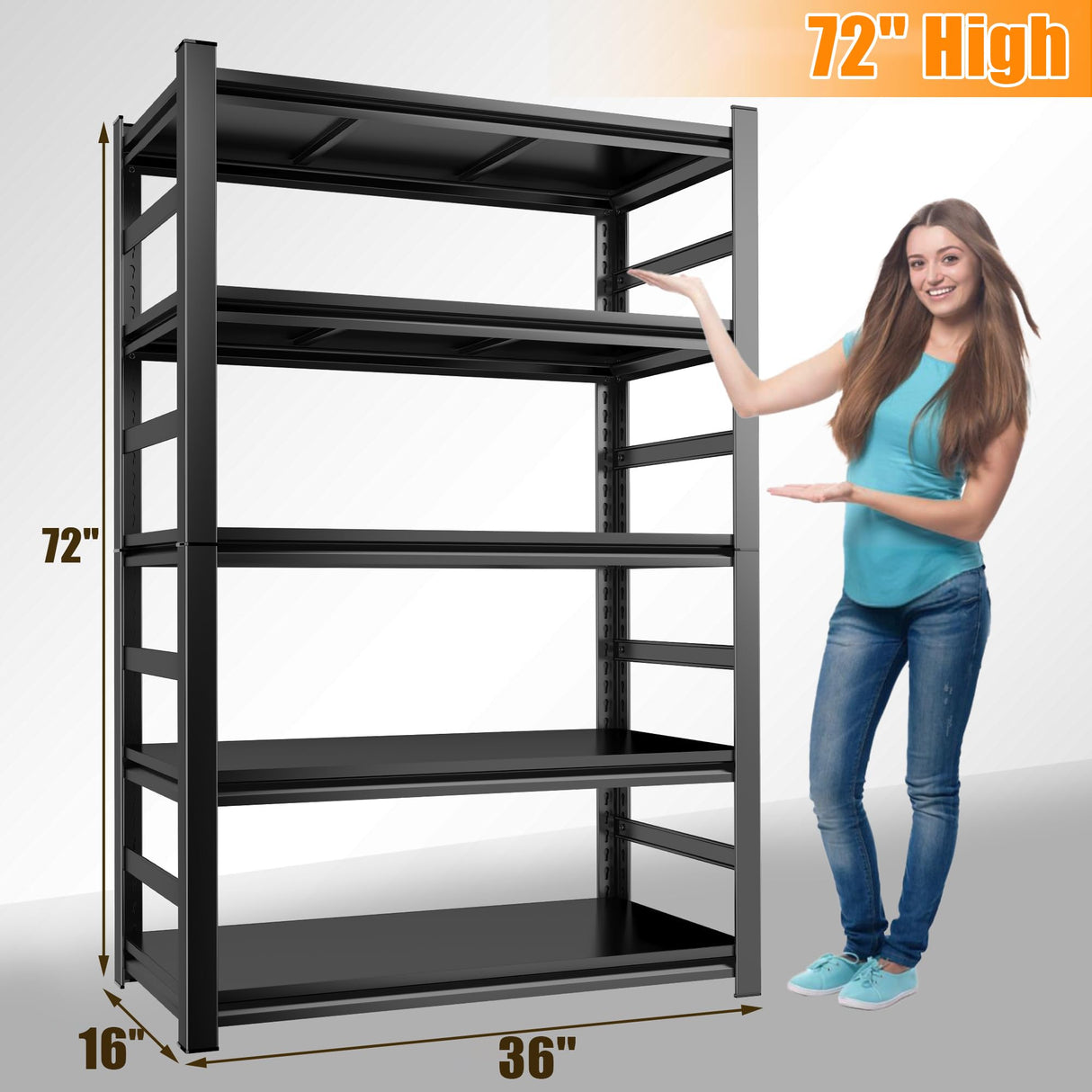Book Shelf, Metal Bookshelves, Heavy Duty Steel Bookcases, Large Storage Capacity Adjustable Tall Industrial Bookshelf for Living Room, Bedroom and Library, Black (5-Tier With Fence 72''Hx36''Wx16''D) ErgoNova