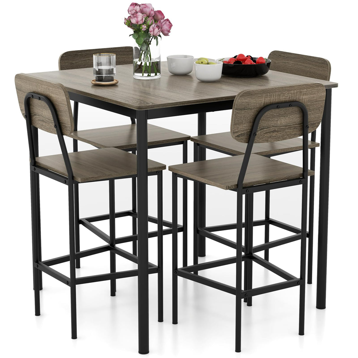 Giantex 5-Piece Dining Table Set W/Counter Height Table & 4 Bar Stools, Modern Kitchen Dining Set W/Footrest & Backrest, Space-Saving Dinette Set for Pub, Dining Room, Restaurant (Black Oak) Giantex