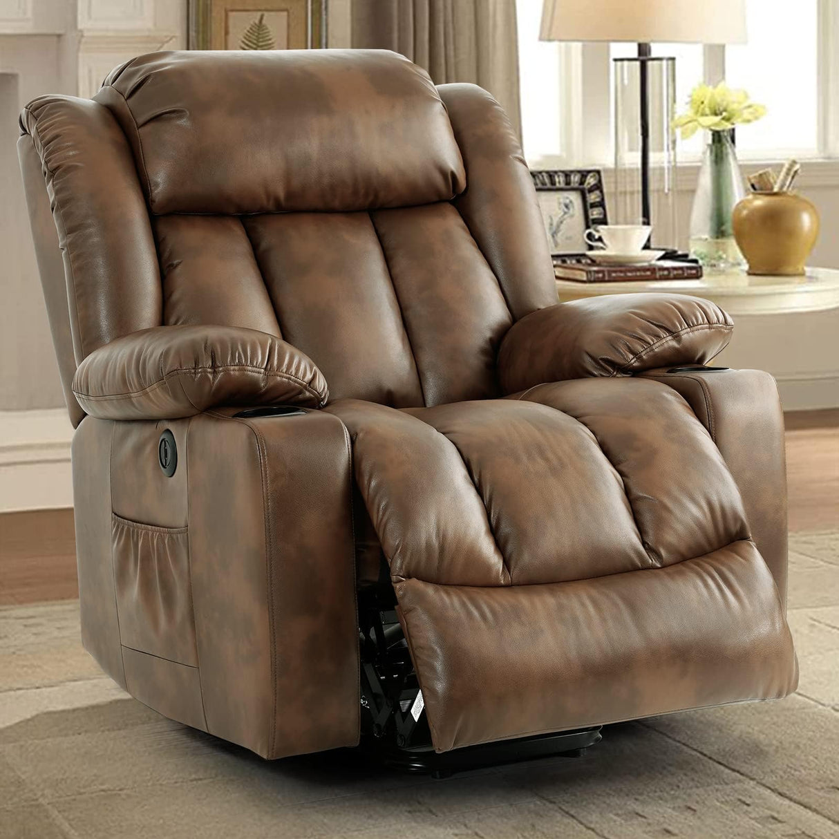 COOSLEEP Power Lift Recliner Chair for Elderly with Massage and Heat, Breathable Leather Recliner Chair for Adults, 2 Cup Holders, USB Ports, Electric Support of Metal,Remote(Light Brown) COOSLEEP HOME